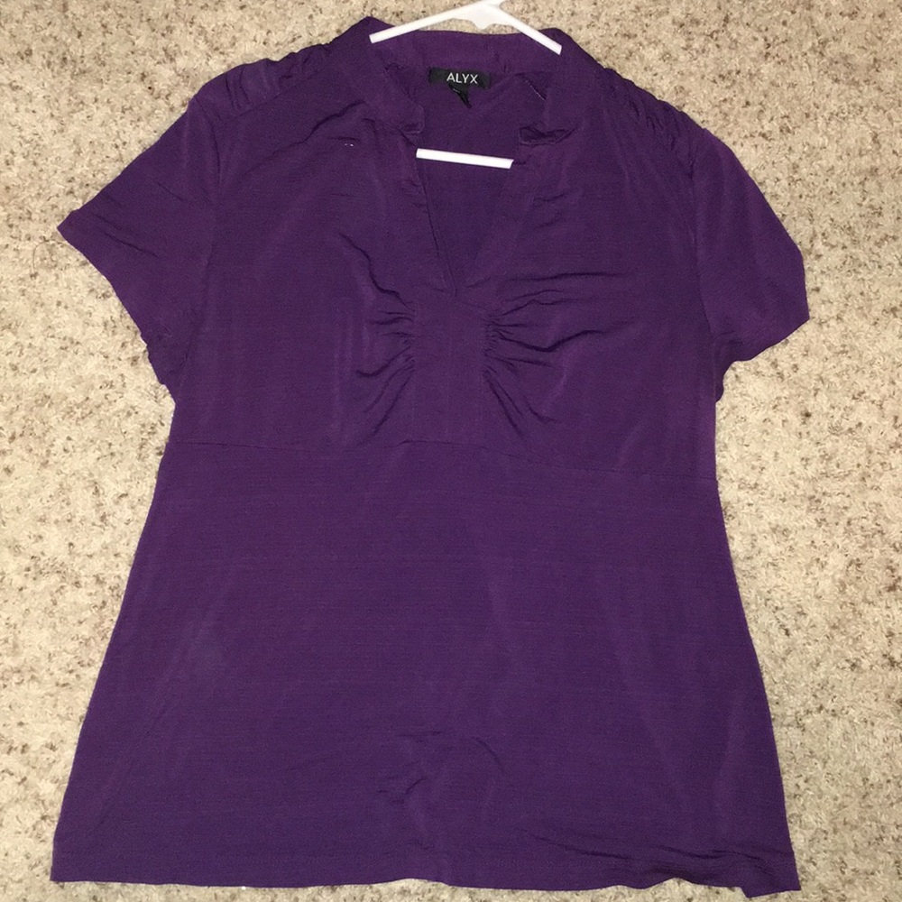 Purple short sleeved v neck blouse